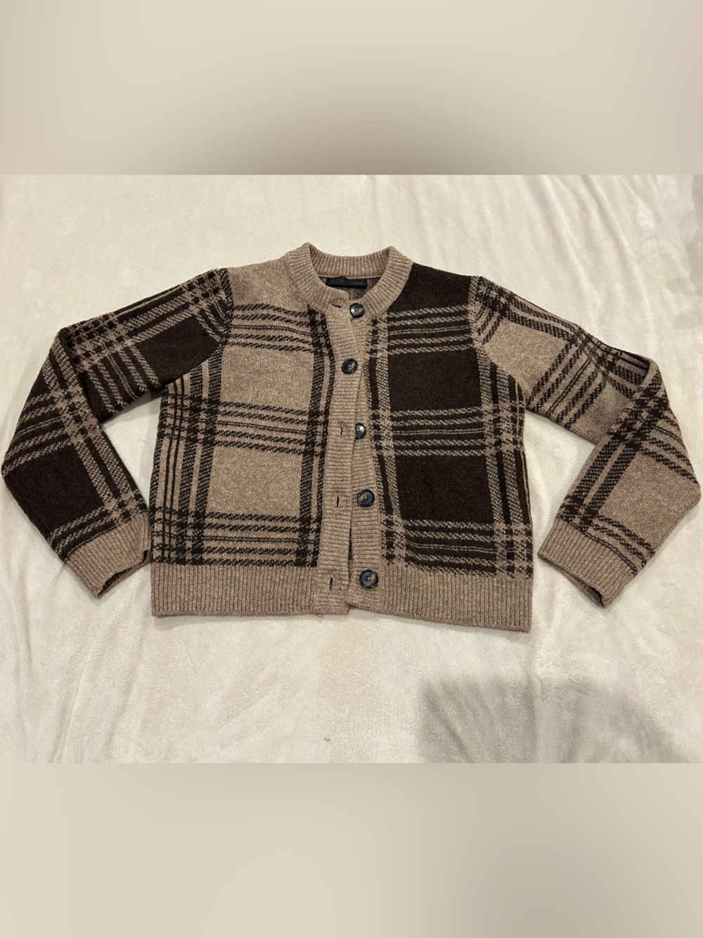 ZARA Plaid Knit Jacket Mink Brown Button Front
